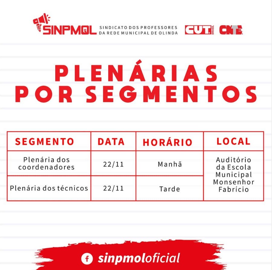 Calendário de plenárias com técnicos e coordenadores